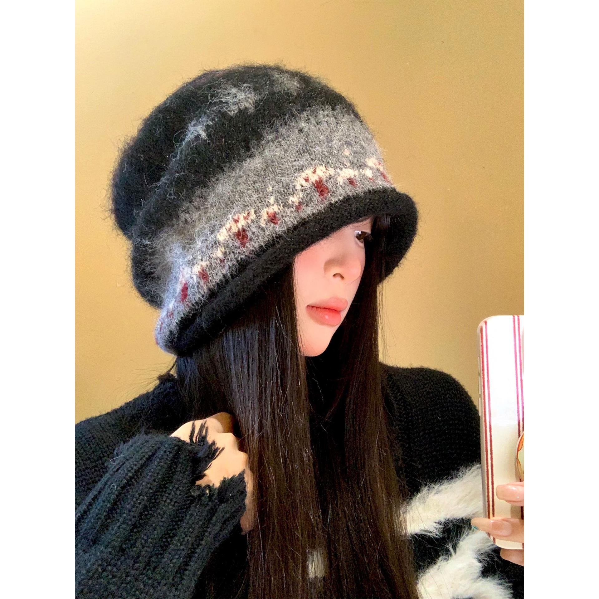 费尔岛风卷边针织堆堆帽女秋冬复古显脸小包头帽大头围保暖冷帽子