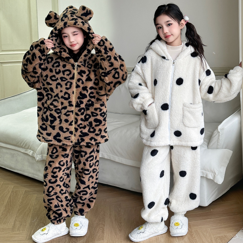 2025网红女大童儿童睡衣法兰绒套装加厚保暖豹纹女童珊瑚绒家居服