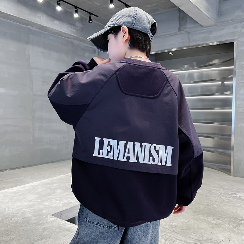 男童春秋款卫衣2025男孩时尚帅气拼接字母印花卫衣T恤中大童长袖