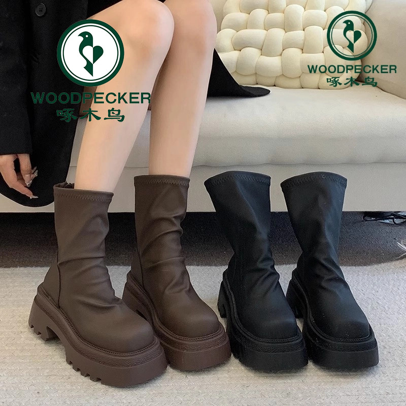 啄木鸟短靴女厚底弹力靴2025秋季新款瘦瘦靴百搭显瘦小个子女靴子