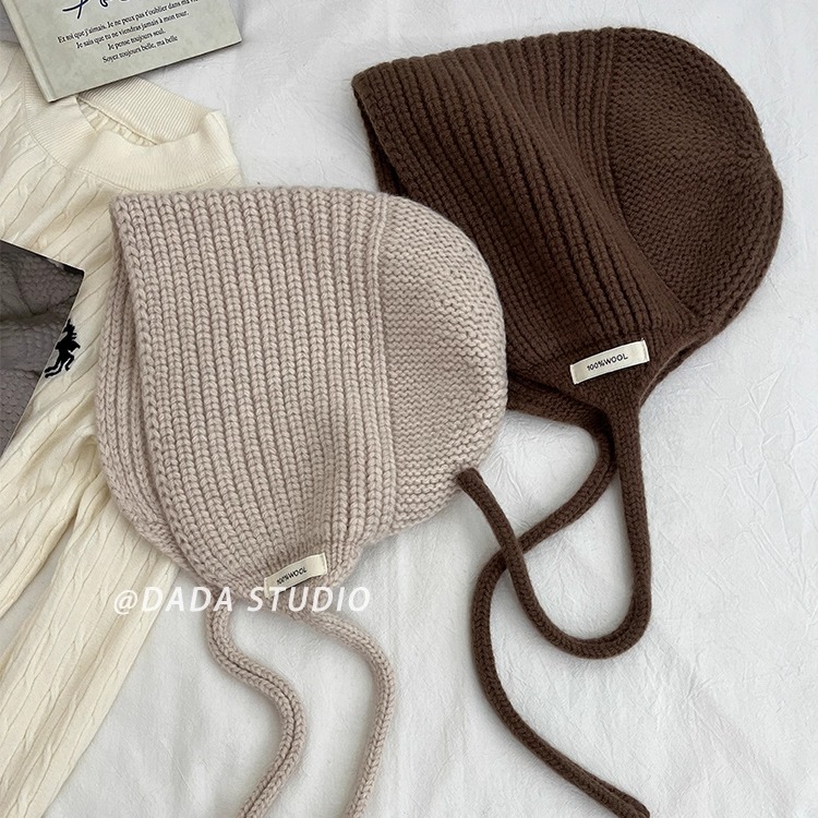 25冬季100%纯羊毛粗针织绑带复古护耳渔夫帽巴拉克拉法帽显脸小帽