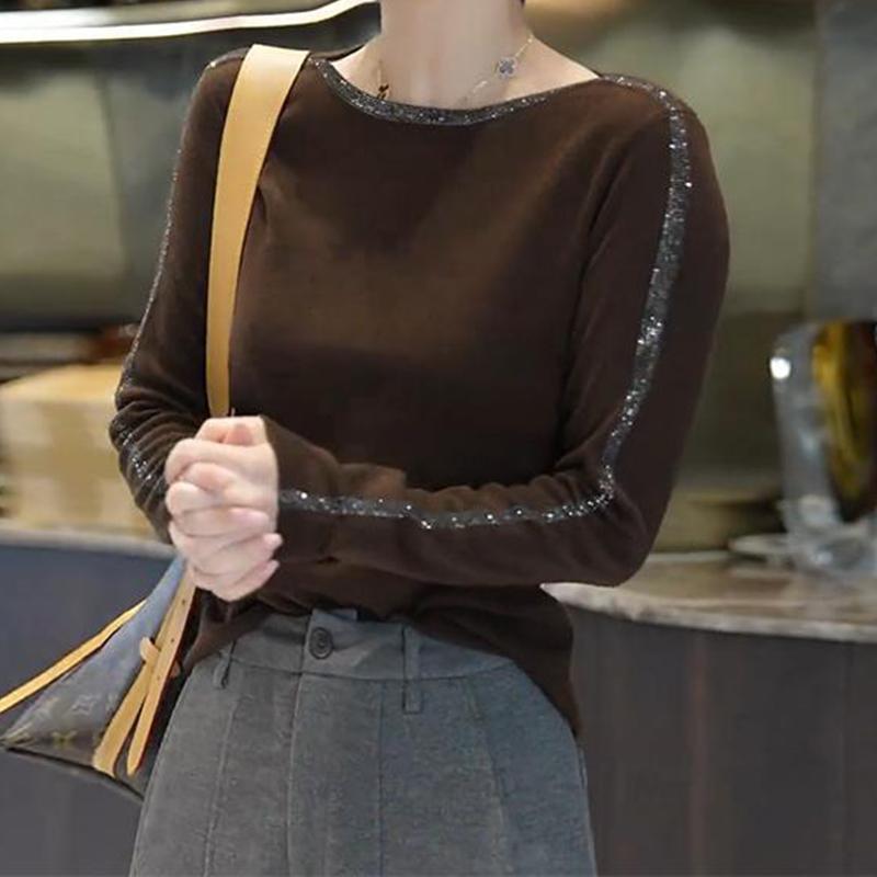 咖色烫钻长袖针织打底衫女秋冬2025新款显瘦设计感一字领内搭上衣