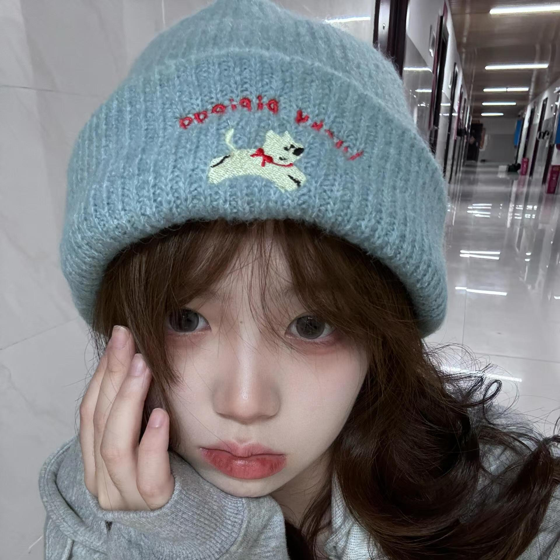 可爱小狗帽子女2025新款大头围针织毛线帽显脸小韩版百搭冷帽秋冬