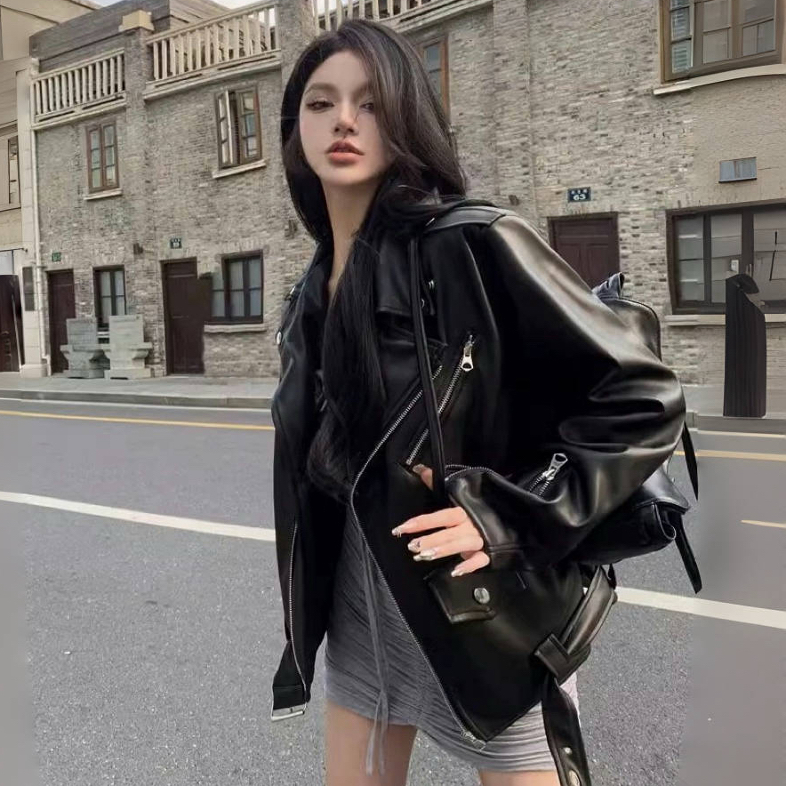 秋上新-宽松复古皮夹克拼接系带皮衣百搭秋千金风短款机车服外套