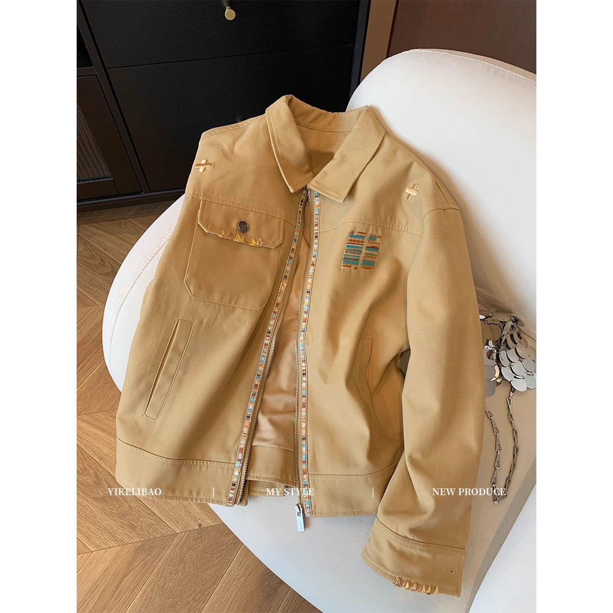卡其色美式钉珠刺绣翻领工装外套女装秋季设计感百搭宽松夹克上衣