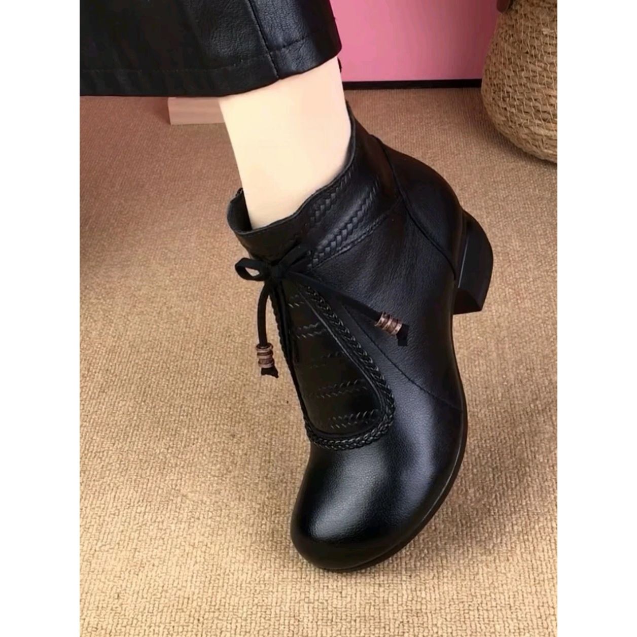 LVSMJGXB【折扣】真皮粗跟短靴女2025秋冬新款加绒软底百搭中跟单靴