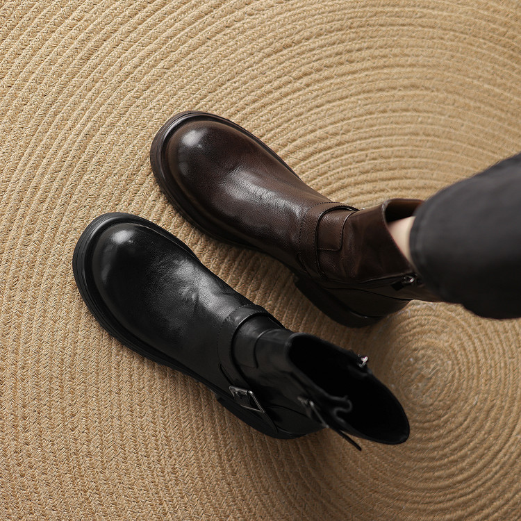 VICEN FIFI/4cm/真皮圆头皮带扣粗跟马丁靴女显瘦百搭厚底短靴子