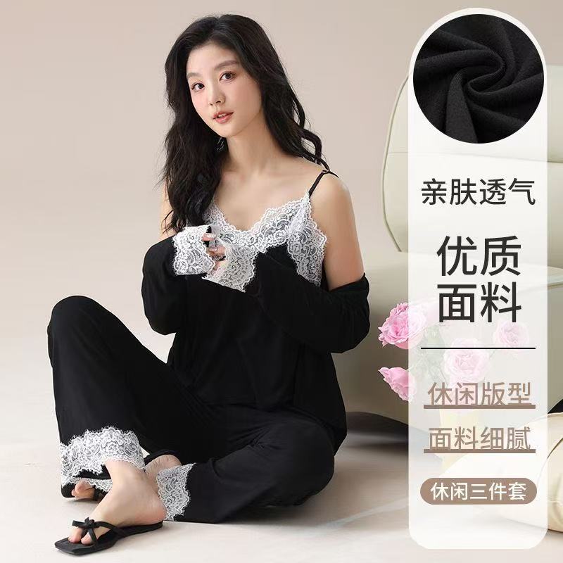 三件套睡衣女秋冬季长袖开衫薄款吊带可外传女士家居服套装