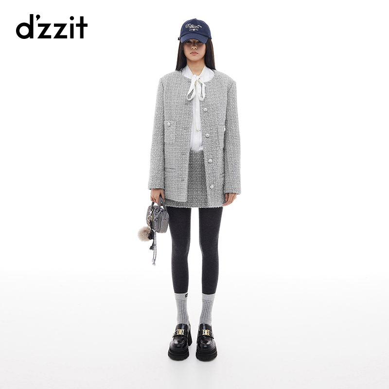 dzzit地素棉服冬季小香风银葱混纺粗花呢圆领中长外套女3I4H301
