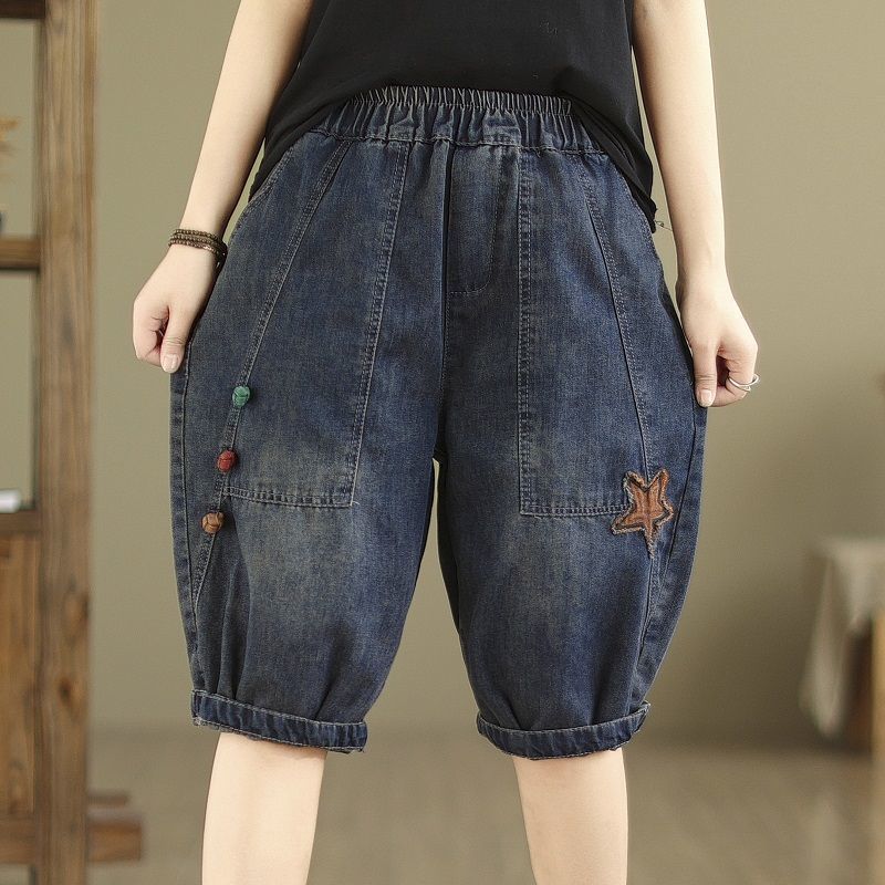 复古刺绣哈伦牛仔六分裤2025夏季新款拼接贴布五分盘扣宽松哈伦裤