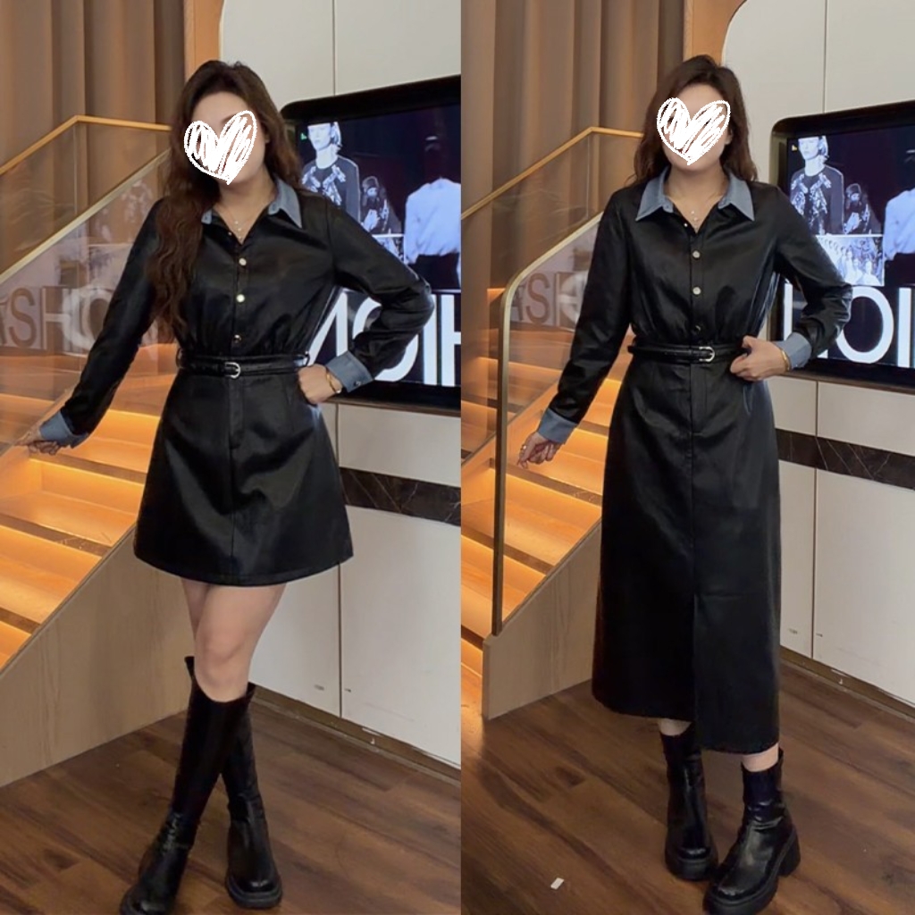 【潮流前线】秋冬新款翻领气质韩版收腰连衣裙休闲百搭皮裙女