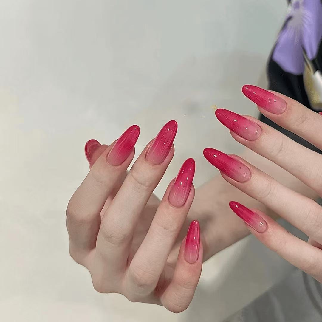 【胭脂泪】夏日渐变玫红色气质显白穿戴甲纯手工温柔