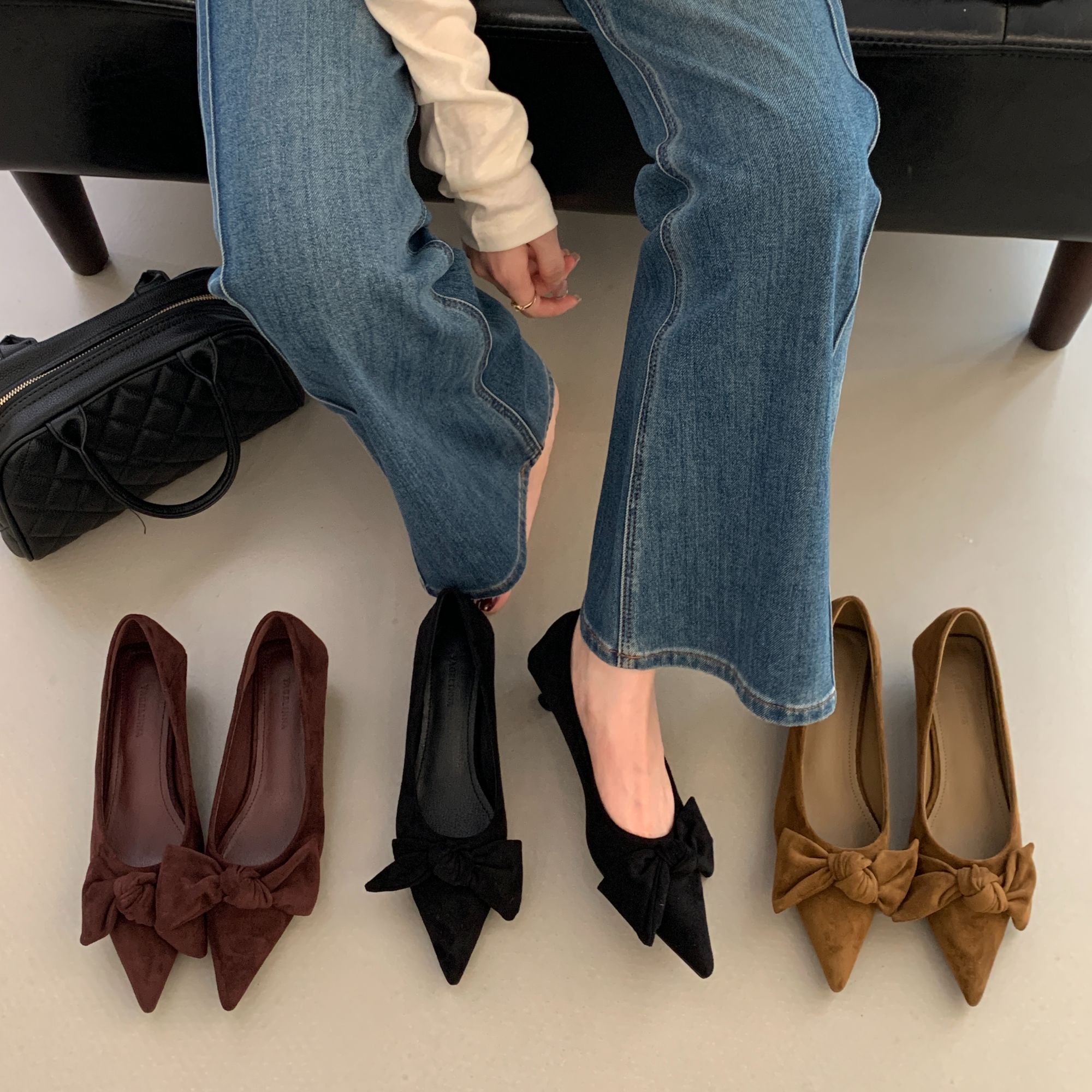 YGLN- 21099-38秋季新款韩版小众细跟浅口蝴蝶结时尚尖头气质单鞋