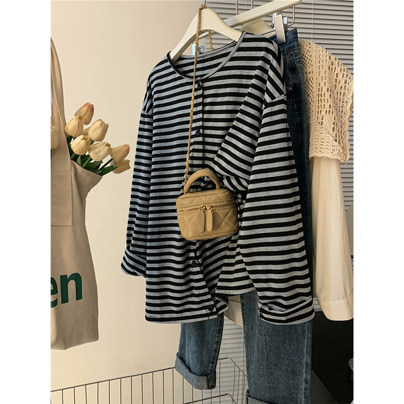 胖mm黑灰条纹开衫长袖外套T恤女装薄款春秋季2025年新款大码上衣
