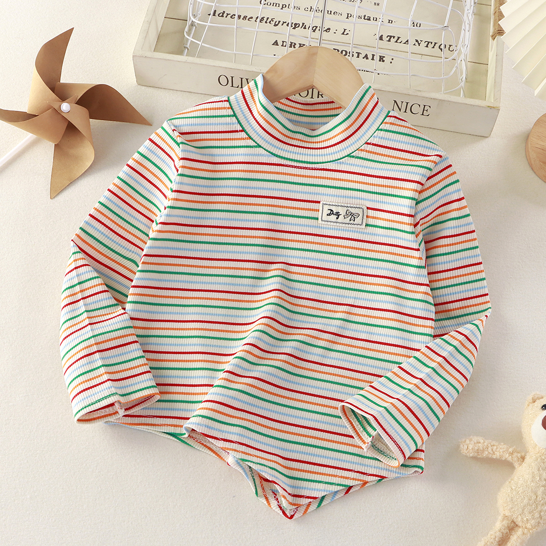 女童彩虹条长袖韩版春秋上衣新款儿童男孩宝宝洋气打底衫保暖上衣