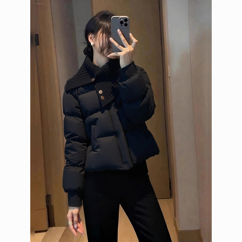 2025新款冬季超火针织大翻领拼接黑色保暖短款夹棉棉服厚时尚外套