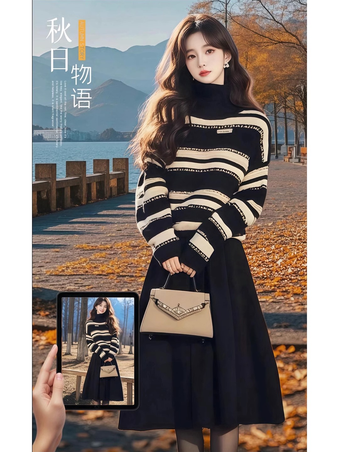 3904+3905一整套大码胖mm条纹针织毛衣半身裙韩系减龄气质套装裙