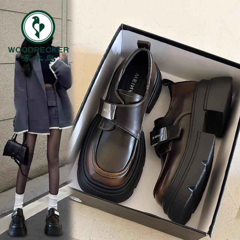啄木鸟小皮鞋女鞋新款2025黑色厚底女英伦风鞋子百搭乐福鞋jk爆款