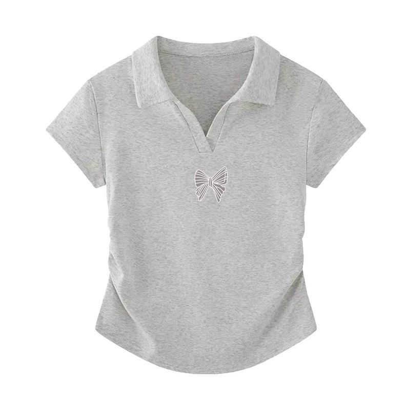 设计感翻领polo衫正肩短袖女上衣夏季辣妹v领修身褶皱灰色t恤短款