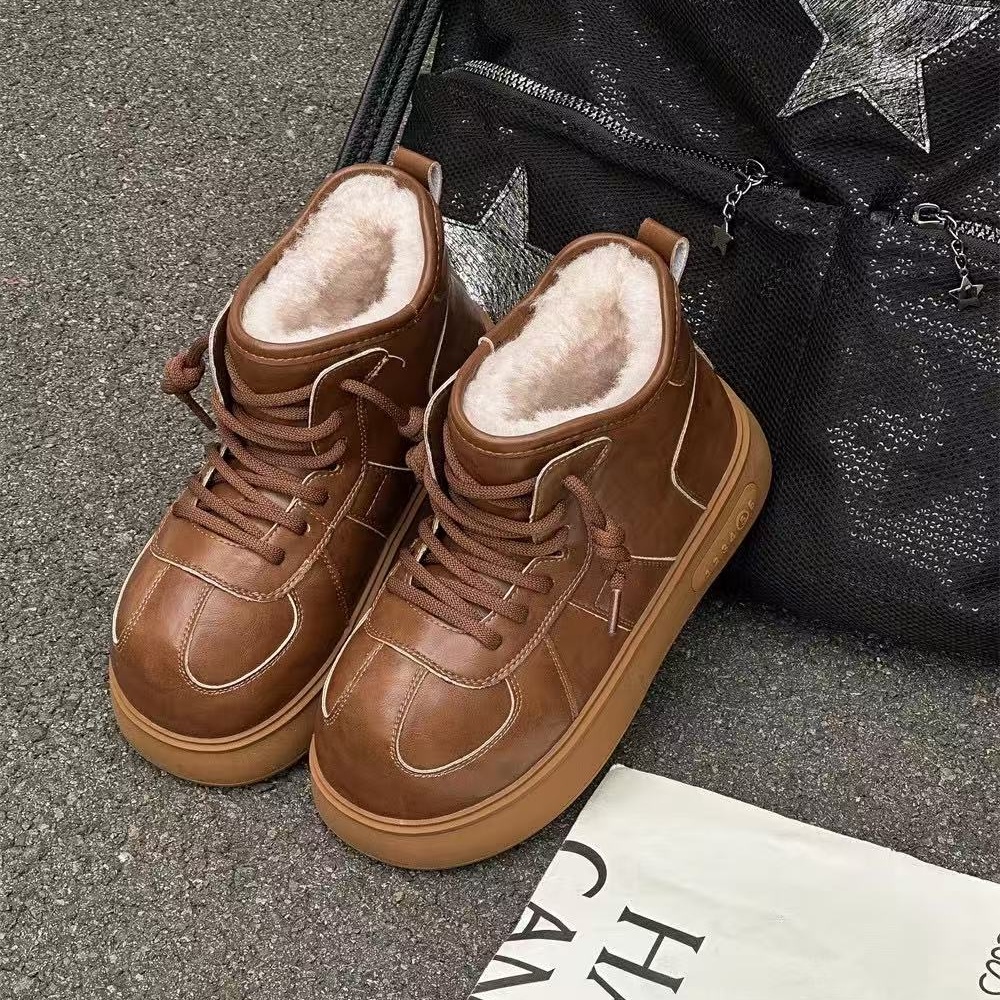 真皮羊毛雪地靴女靴2025冬季新款大头厚底系带加厚保暖牛皮靴潮靴