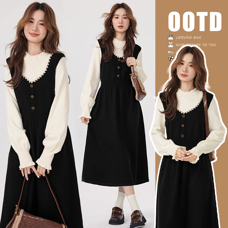 2025秋冬撞色显瘦假两件小香风连衣裙秋冬连衣裙孕妇装打底裙