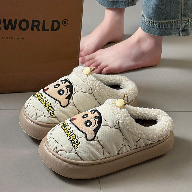 卡通蜡笔小新棉拖鞋女款冬季室内家居防滑保暖包跟厚底防水棉拖鞋