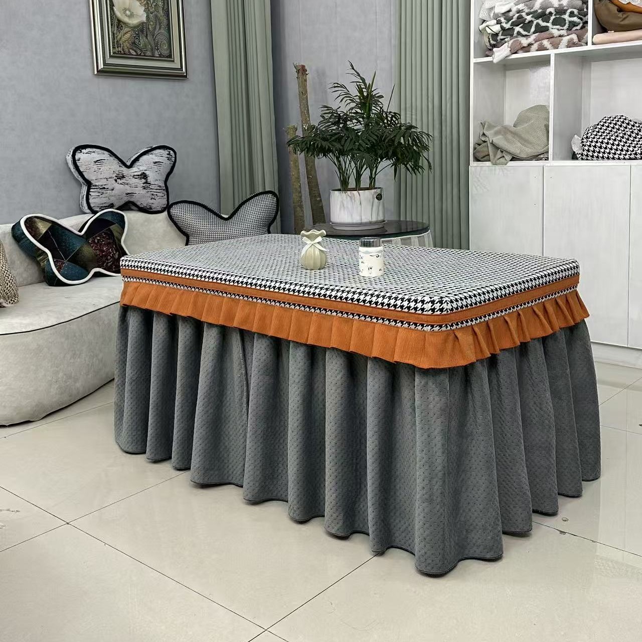 冬款双面绒超声波深灰拼千鸟格电火炉、餐桌麻将机套