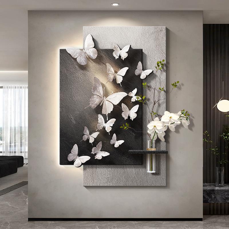蝴蝶轻奢高级感餐厅装饰画砂岩肌理玄关墙面壁画走廊过道入门挂画