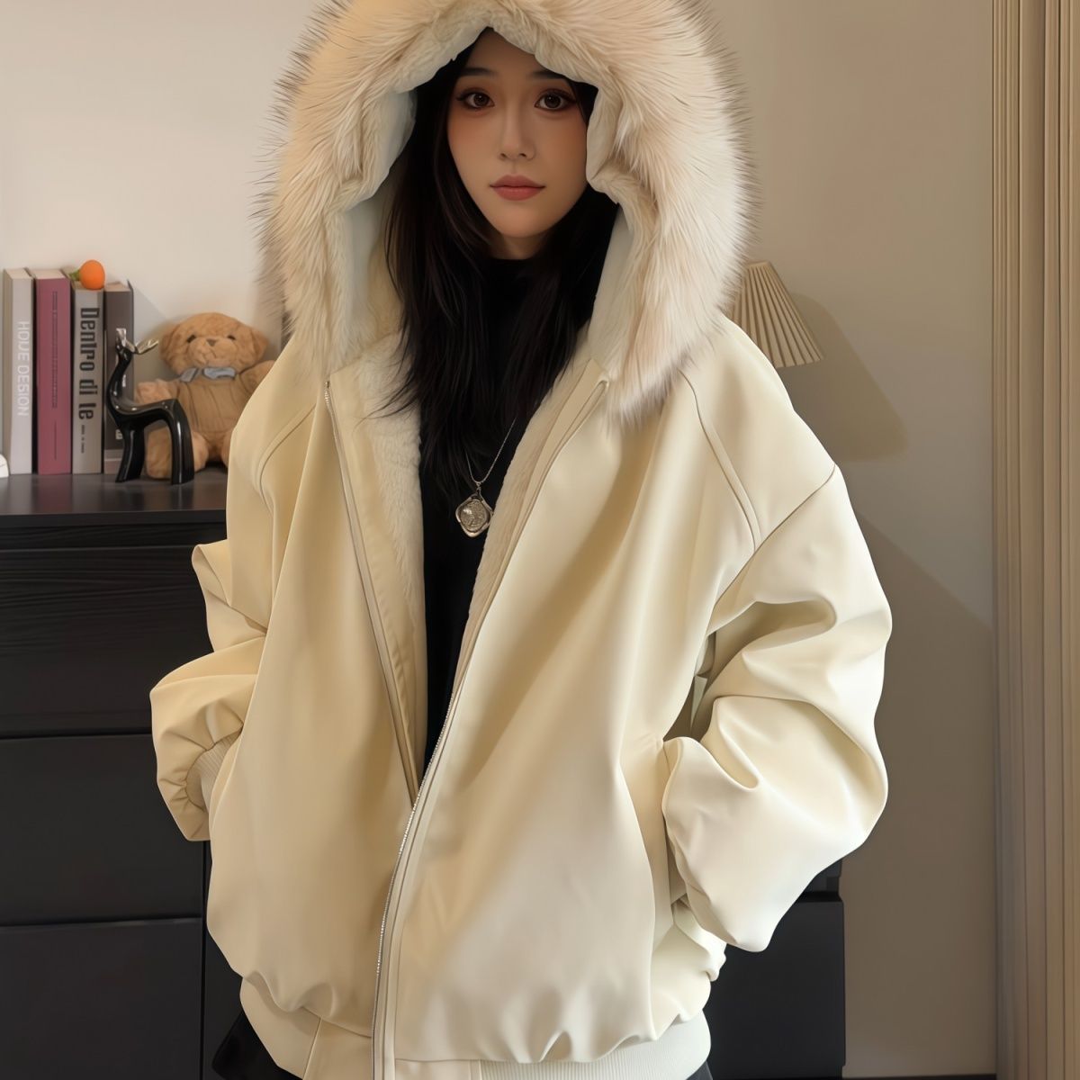 座山雕PU皮加绒棉服女2025新款美式加厚连帽棉衣cleanfit保暖外套
