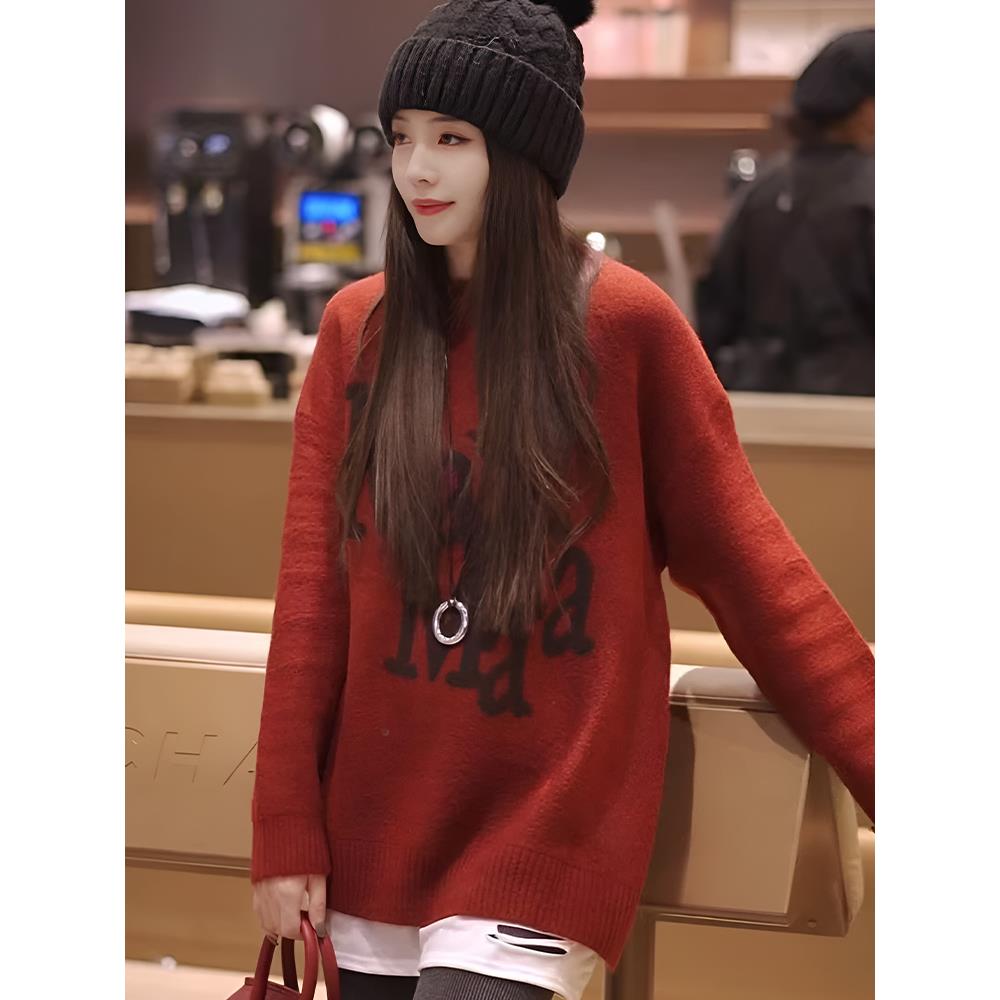 灰色中长款刺绣长袖针织毛衣女款2025新款冬季宽松小个子内搭上衣