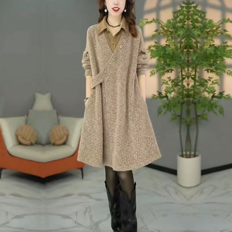 原创设计师款冬季高货欧版加厚保暖假两件宽松遮肉连衣裙打底裙