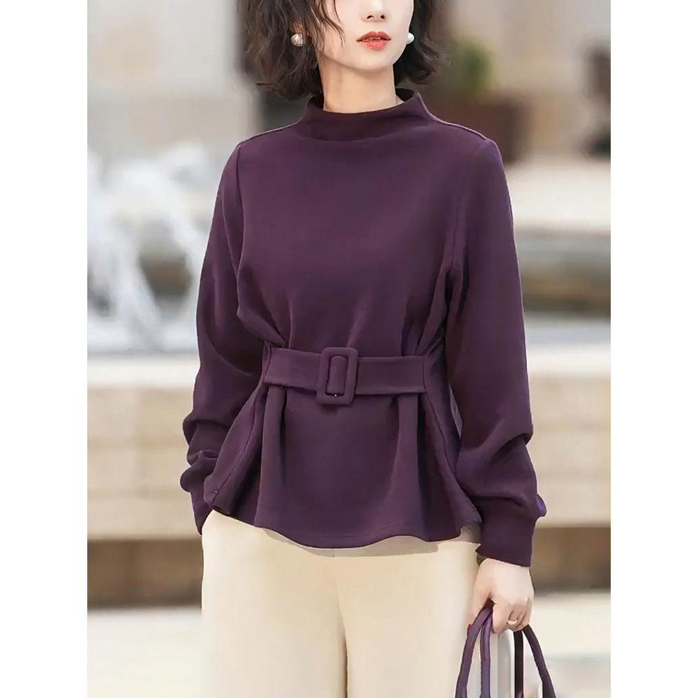 高圆领套头长袖上衣2025秋新款女收腰设计舒适轻熟百搭高级打底衫