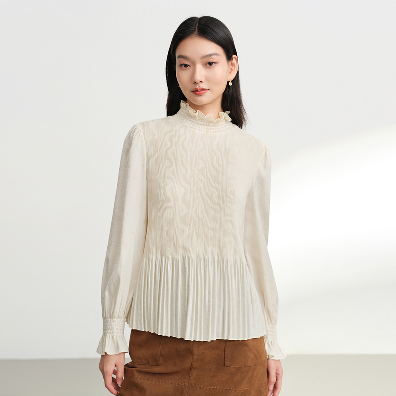 EP雅莹新品 复古提花压褶木耳边拉夫领收腰上衣2329A