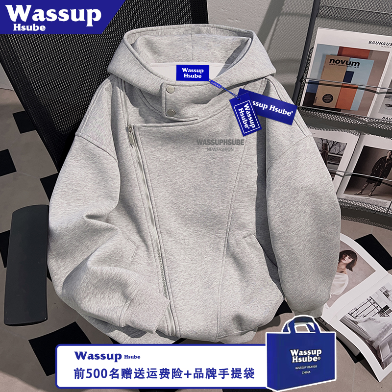 WASSUP HSUBE中性字母印花外套秋冬浅灰设计开衫男女连帽拉链卫衣