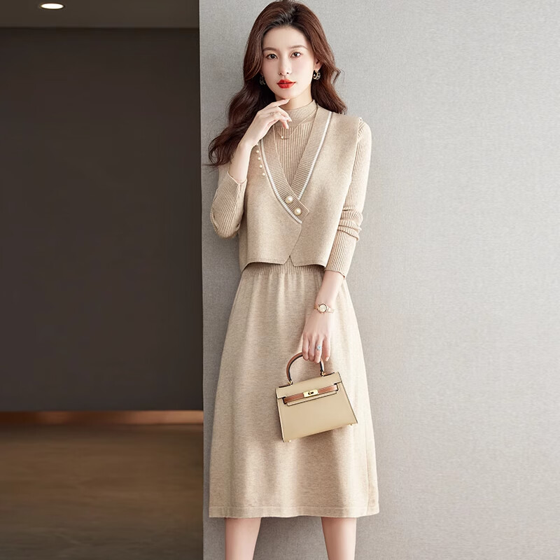 针织两件套女洋气套装时尚毛衣裙马甲中长款连衣裙秋装搭配一整套