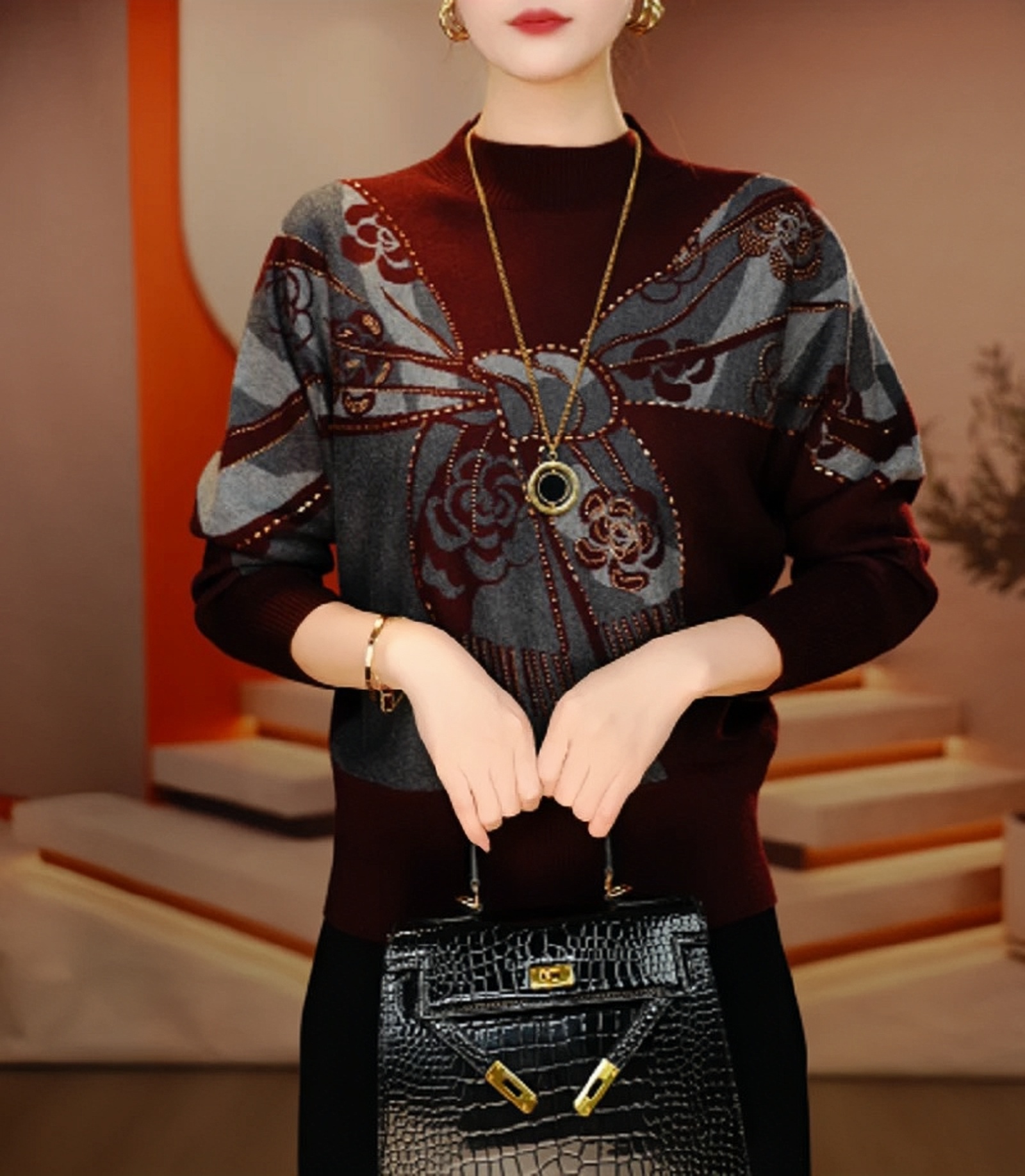 气质提花烫钻长袖针织衫毛衣2025秋冬新款宽松时尚显瘦打底衫上衣