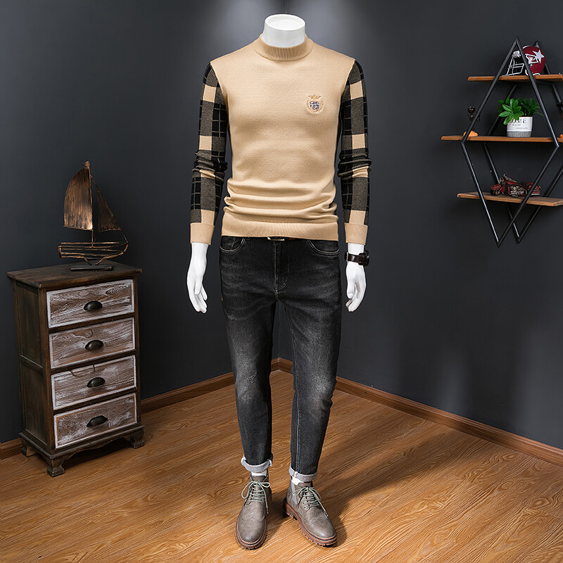 GUNEBOLURWA刺绣羊毛衫男半高领套头针织衫秋冬季拼色毛衣加厚