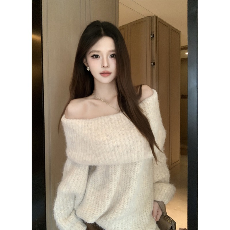 慵懒松弛感露肩毛衣女秋冬中长款一字肩上衣巨好看绝美针织衫外套