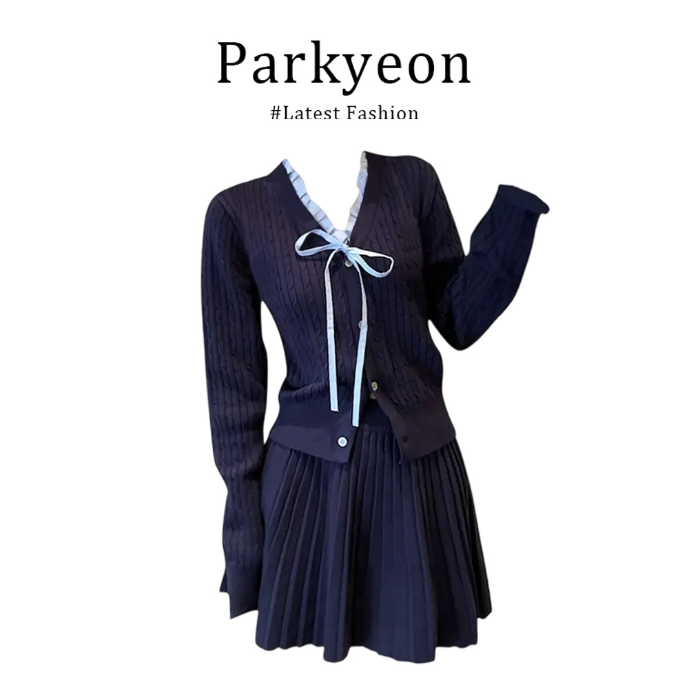 parkyeon韩系学院风蝴蝶结系带针织衫上衣秋冬高腰百褶短裙两件套