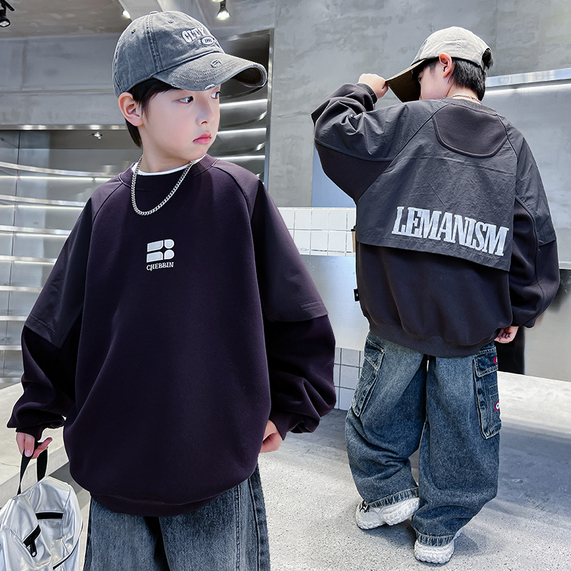 男童春秋洋气圆领卫衣2025新款儿童秋装休闲上衣中大童时髦帅气潮