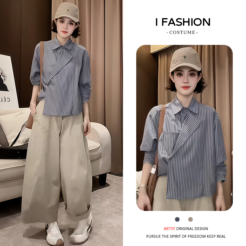 气质时尚百搭长袖衬衫女士2026年春秋新款条纹设计感撞色显瘦上衣