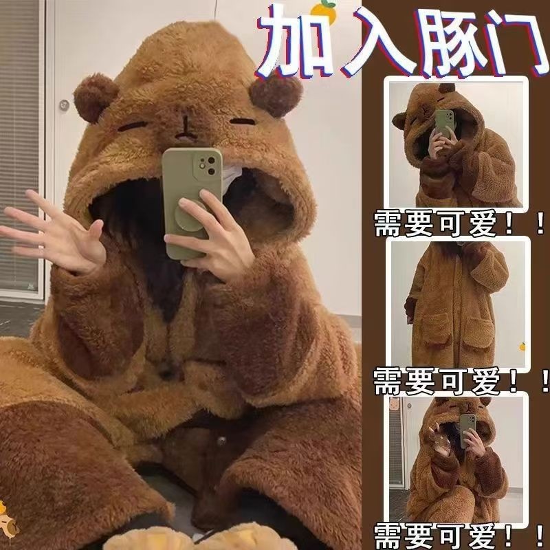 睡衣女秋冬卡皮巴拉可爱卡通珊瑚绒长款保暖加绒加厚睡袍可外穿CC