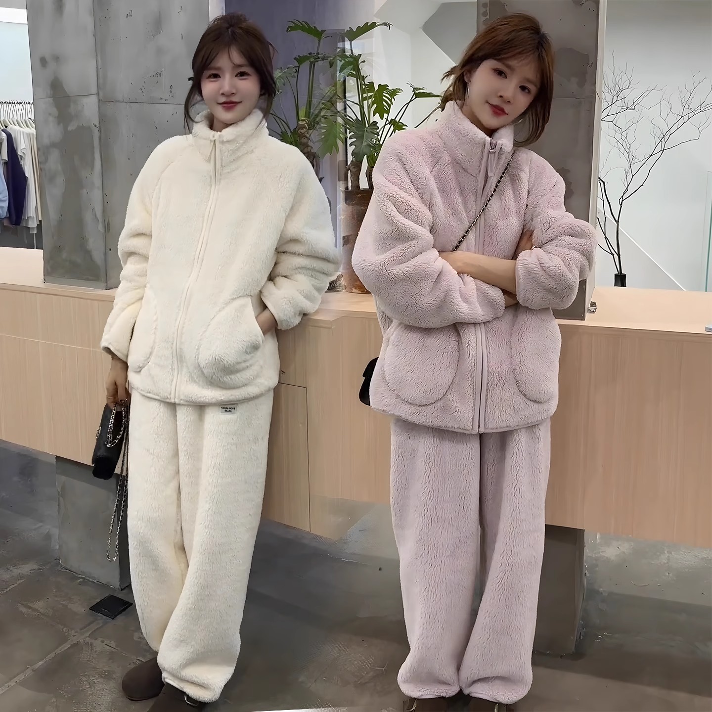 2025冬季新款时尚珊瑚绒睡衣女装外套韩版宽松加厚家居服两件套装