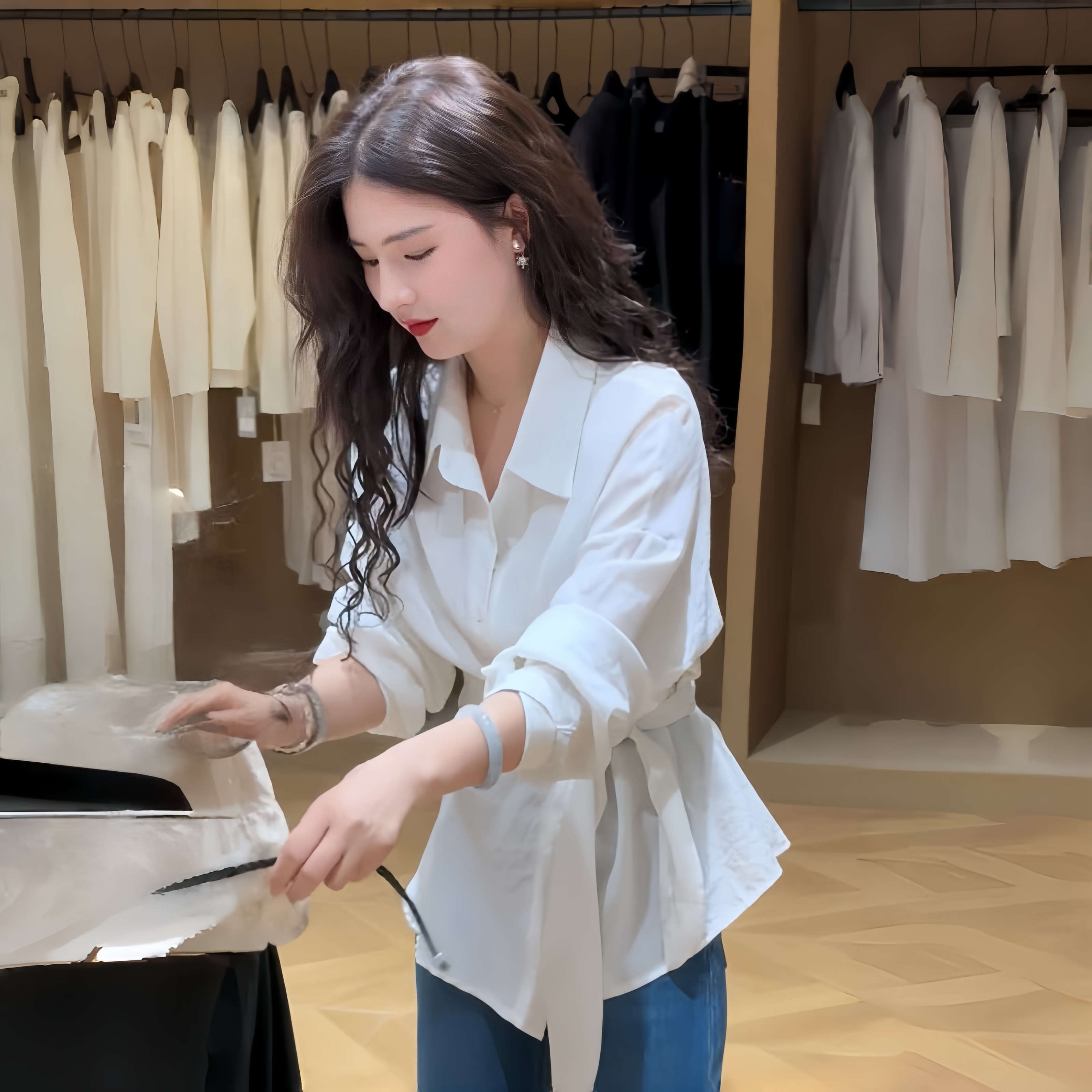 韩系设计感绑带收腰衬衫女2025早秋新款百搭显瘦翻领气质长袖衬衣