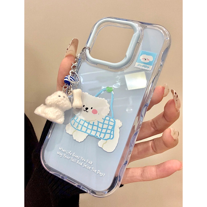 雅天立网格袋小狗适用iPhone16promax苹果手机壳14波纹果冻12挂件