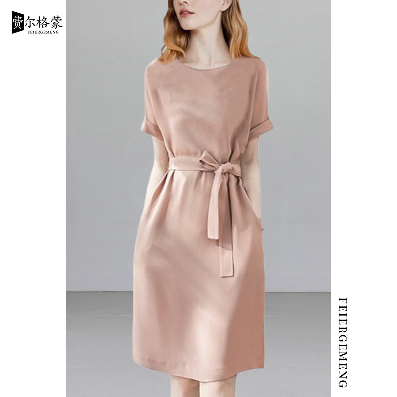 粉色系带女装修身连衣裙圆领出席正式场合轻奢气质收腰显瘦中长裙