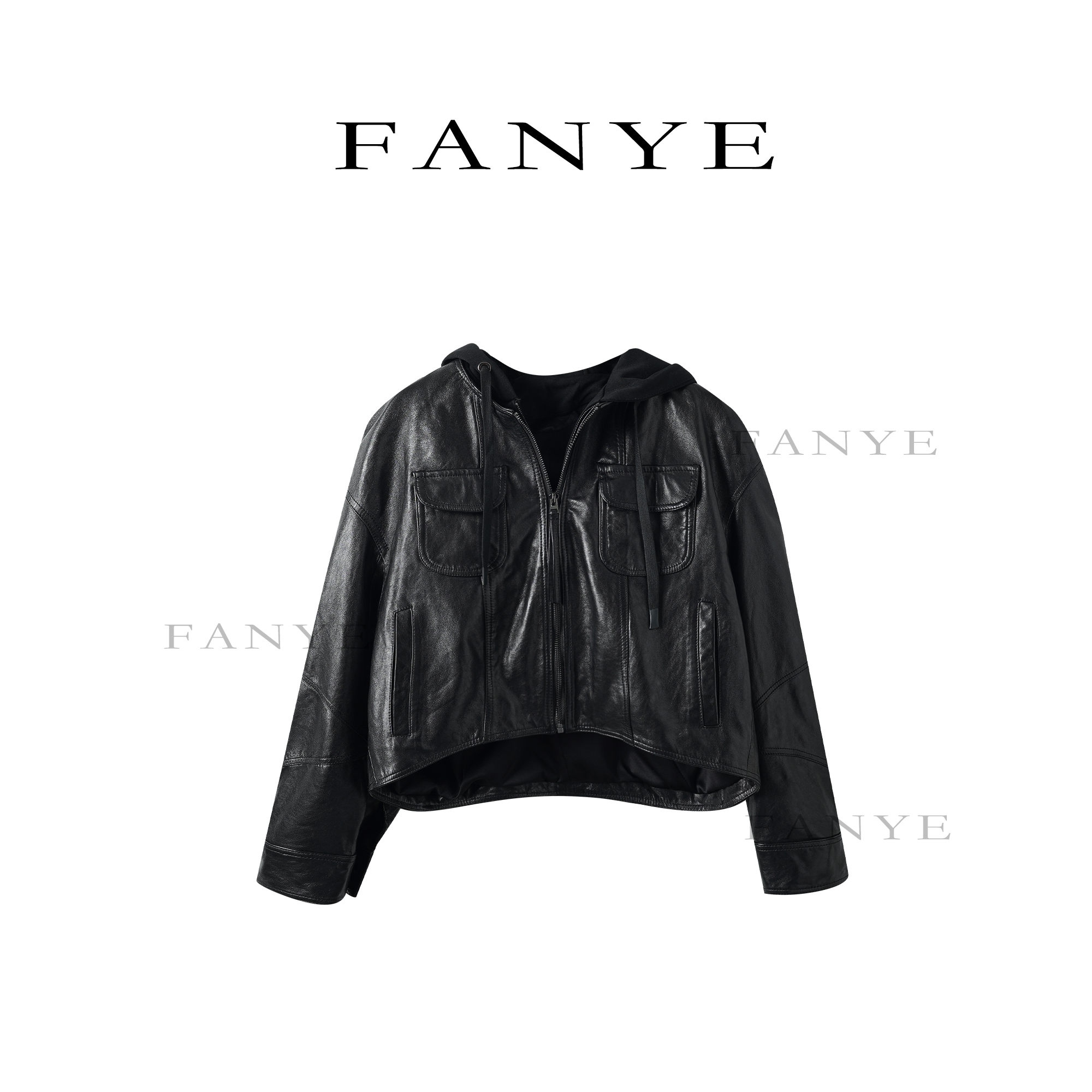 FANYE 2025秋冬新款设计感拼接假两件连帽皮衣外套98017