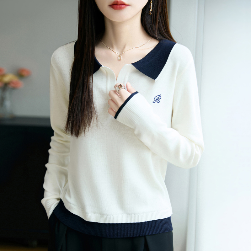秋季新款精纺羊毛撞色翻领r刺绣长袖针织衫洋气百搭宽松显瘦打底