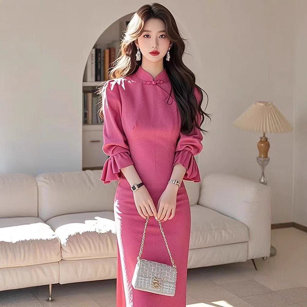 新中式女装国风玫红色衬衫连衣裙2025春季漂亮独特气质名媛长裙子