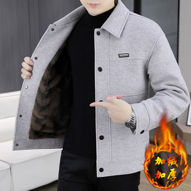 男士高级感翻领夹克冬季新款加绒加厚保暖外套时尚休闲百搭上衣服